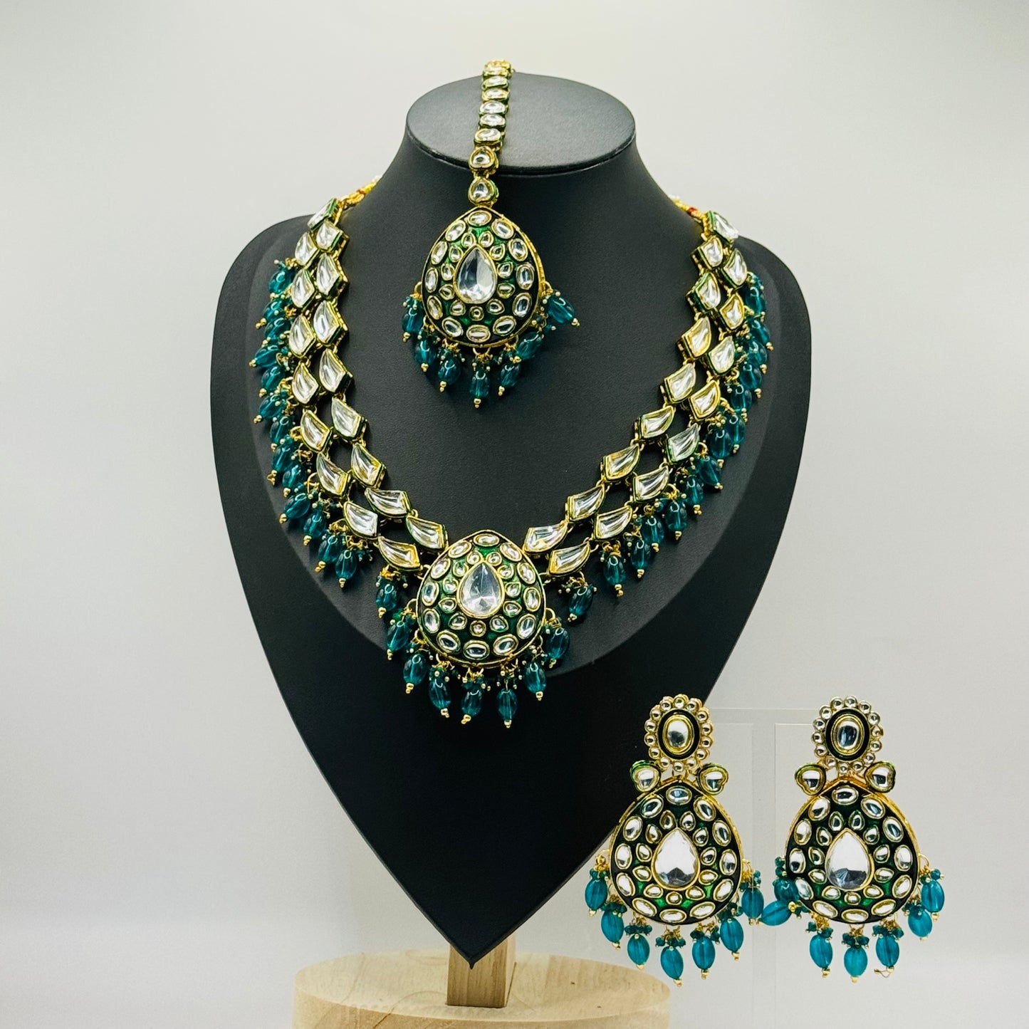 Tyaani Polki bluish green Kundan Design Set - Opulent Beauty in Indian Jewelry, USA