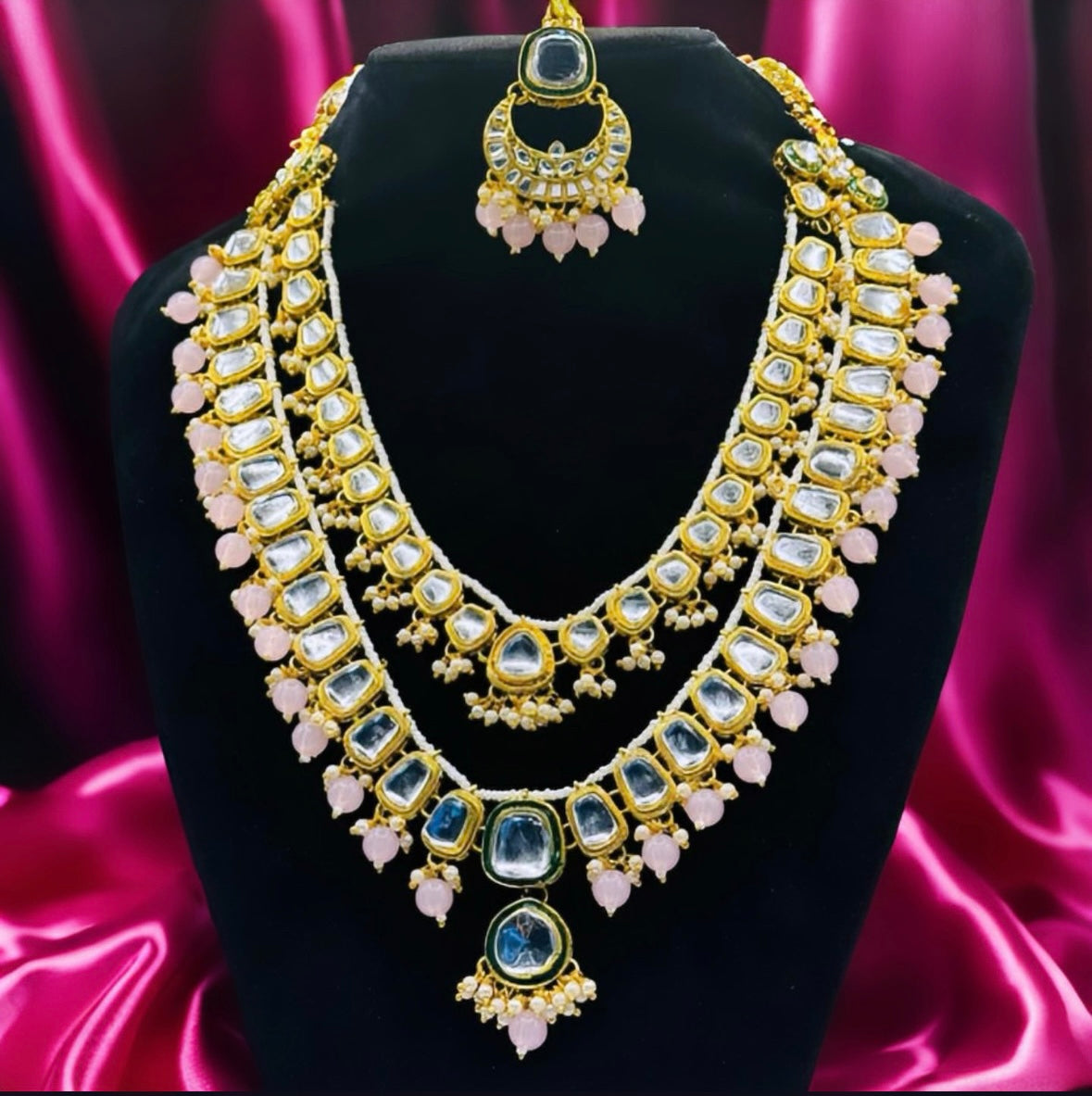 Pink Double Layer Kundan Gold Look Set - Subtle Elegance in Indian Jewelry, USA