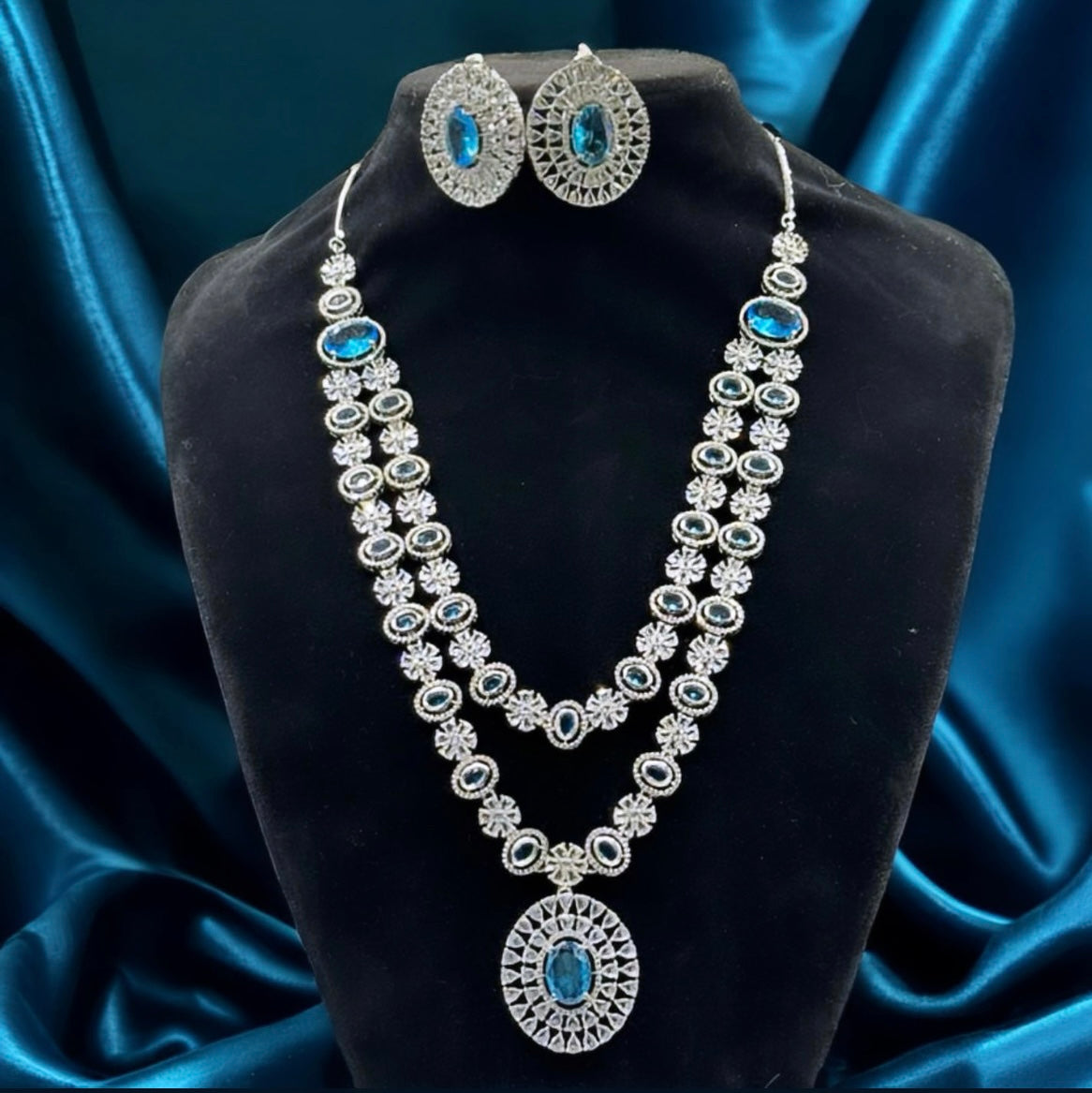 Aqua Double Layer Diamond Set with Diamond Studs - Radiant Sophistication in Indian Jewelry, USA