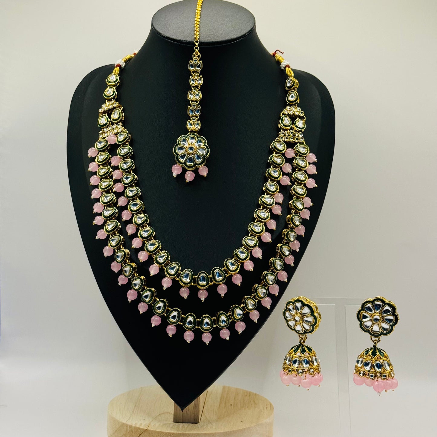 Kundan Pink and Green Double Layer Set - Timeless Charm in Indian Jewelry, USA