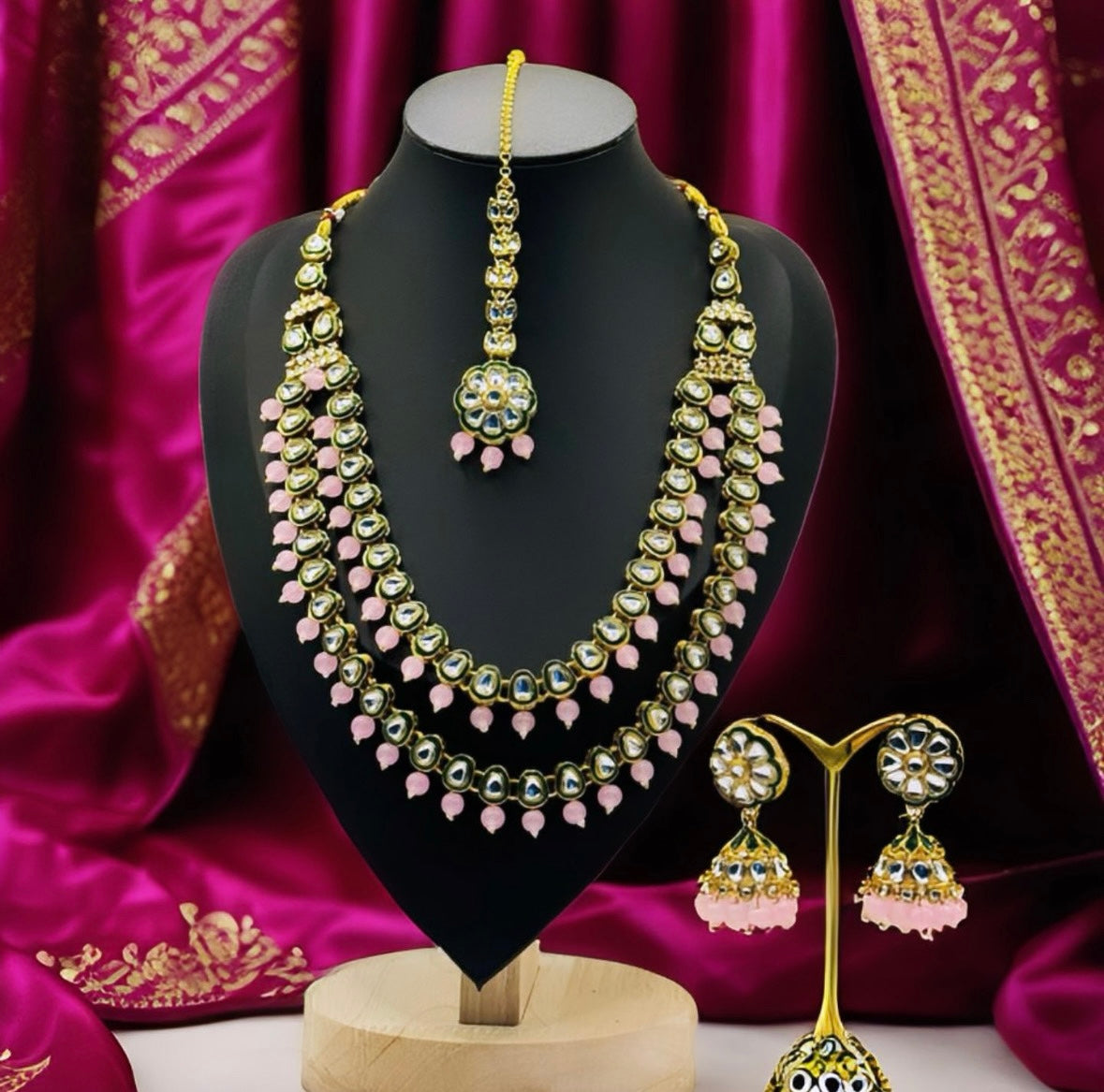 Kundan Pink and Green Double Layer Set - Timeless Charm in Indian Jewelry, USA