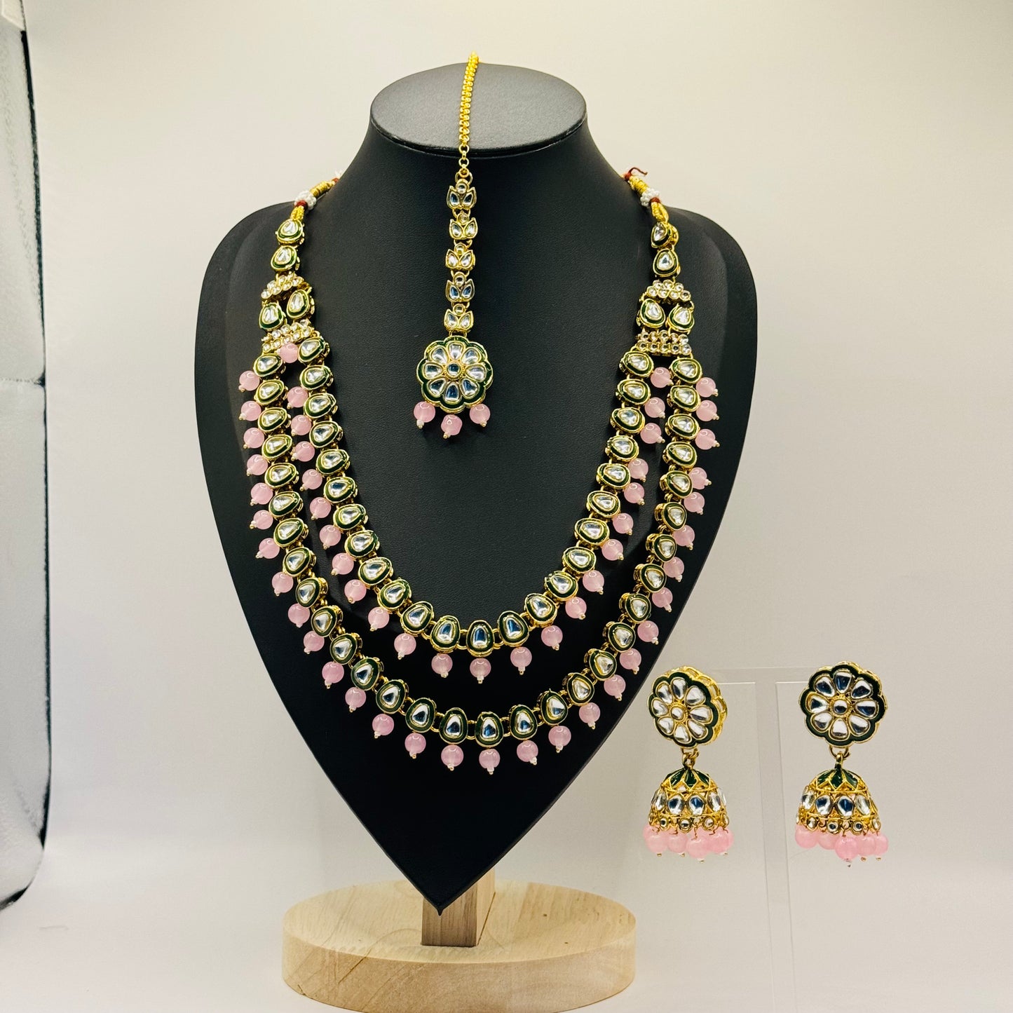 Kundan Pink and Green Double Layer Set - Timeless Charm in Indian Jewelry, USA