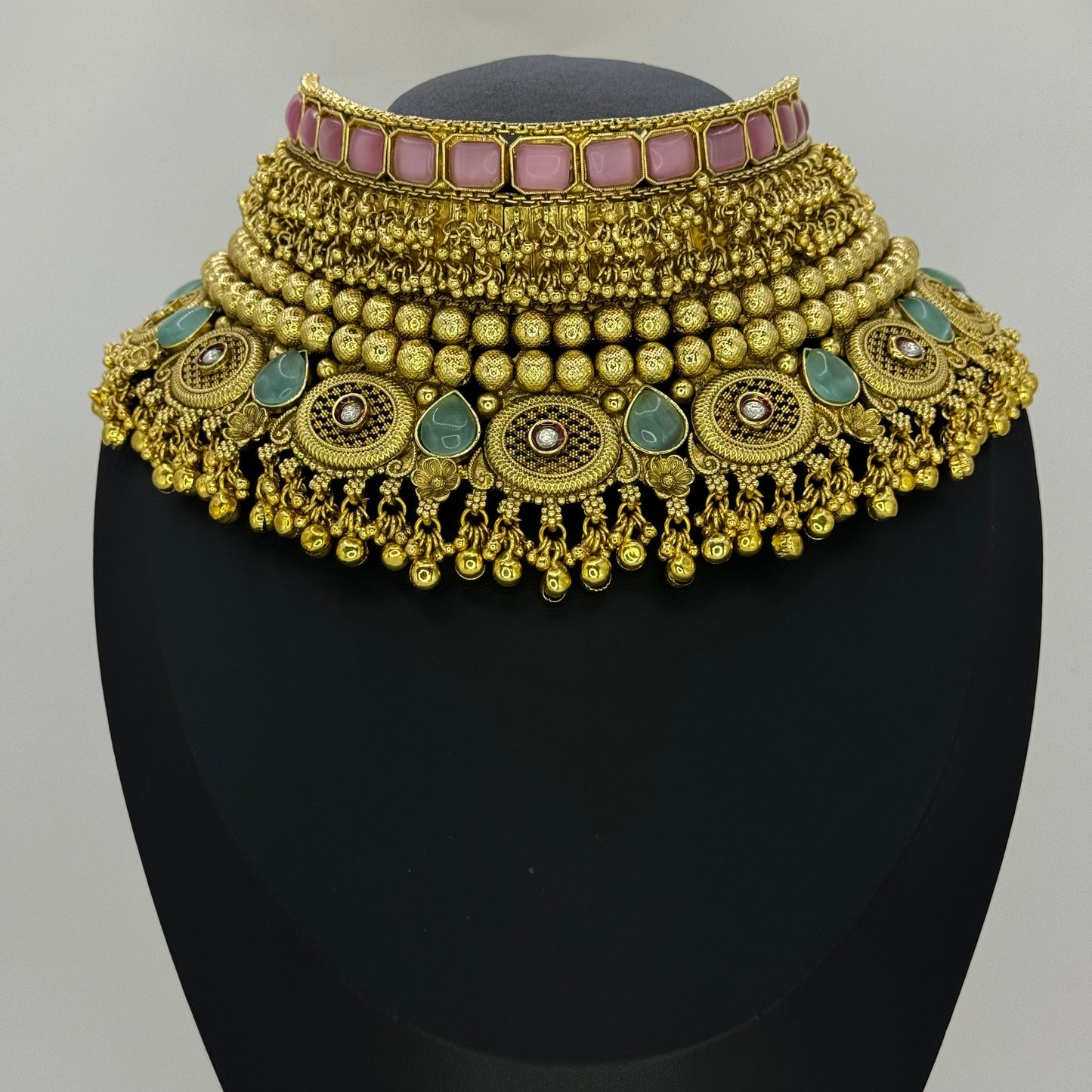 Exact Gold Look Heavy Choker pink/mint - Exquisite Indian Jewelry in USA