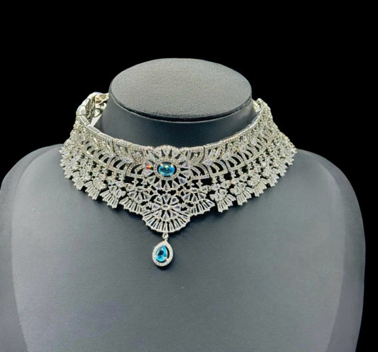 Aqua Diamond Look Choker - Radiant Glamour in Indian Jewelry, USA