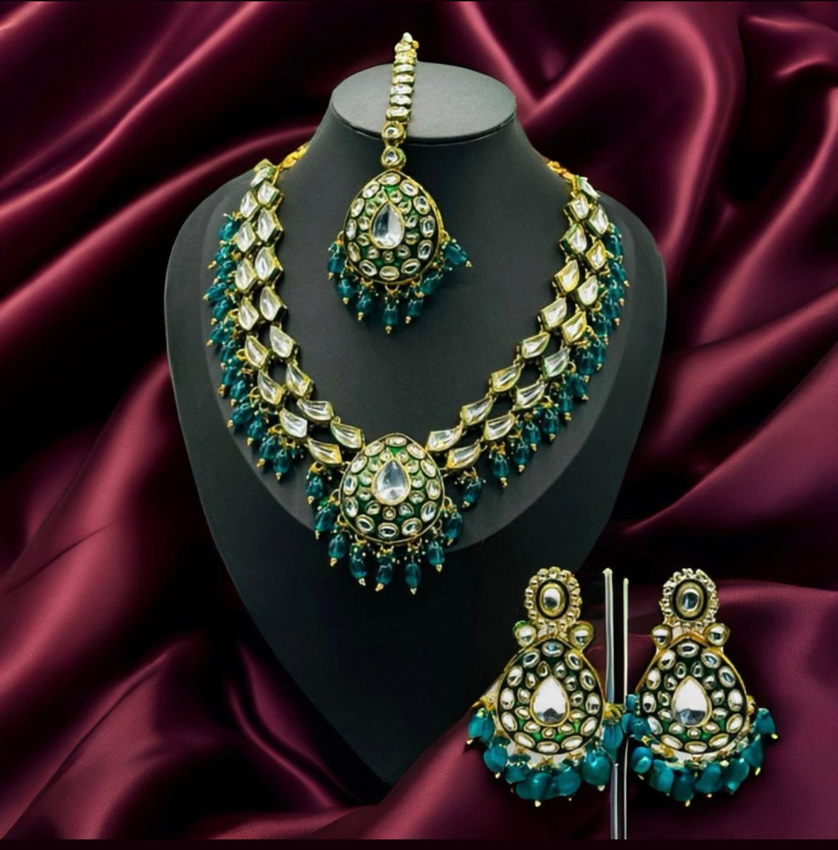 Tyaani Polki bluish green  Kundan Design Set - Opulent Beauty in Indian Jewelry, USA