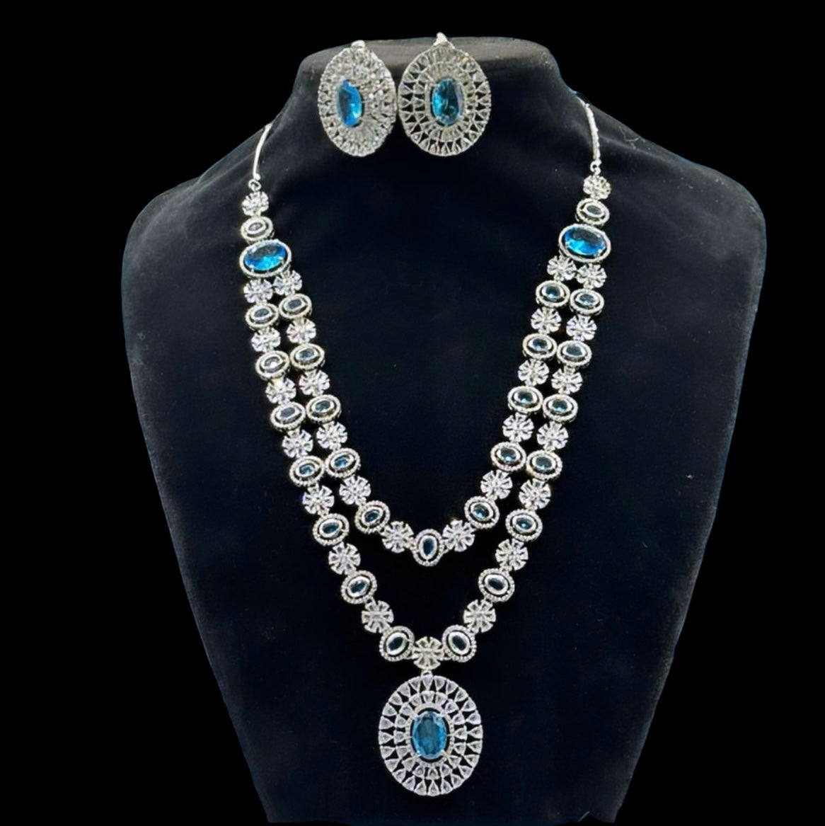 Aqua Double Layer Diamond Set with Diamond Studs - Radiant Sophistication in Indian Jewelry, USA