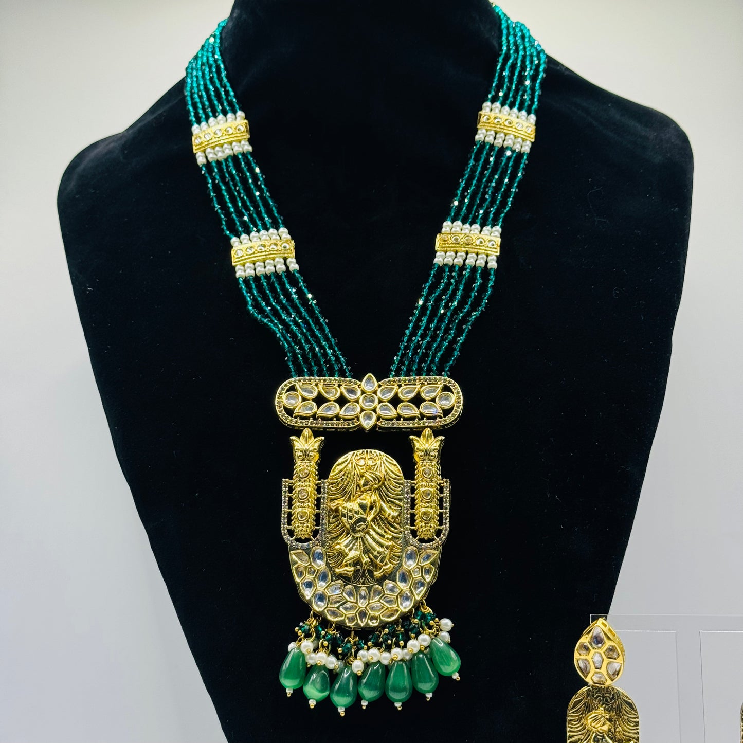 Royal Emerald Green and Gold Long Necklace - Majestic Indian Jewelry in USA