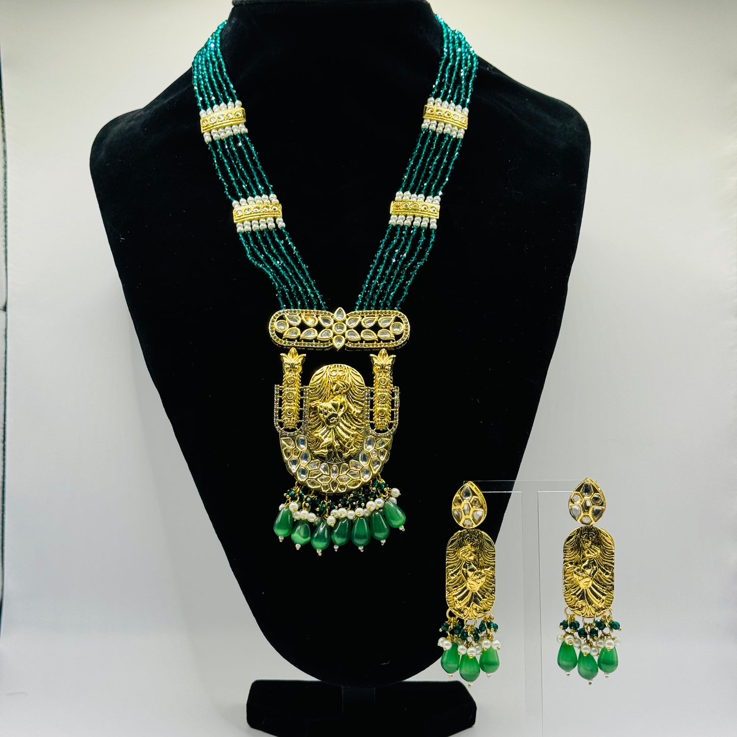 Royal Emerald Green and Gold Long Necklace - Majestic Indian Jewelry in USA