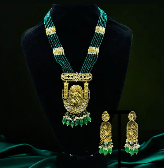 Royal Emerald Green and Gold Long Necklace - Majestic Indian Jewelry in USA