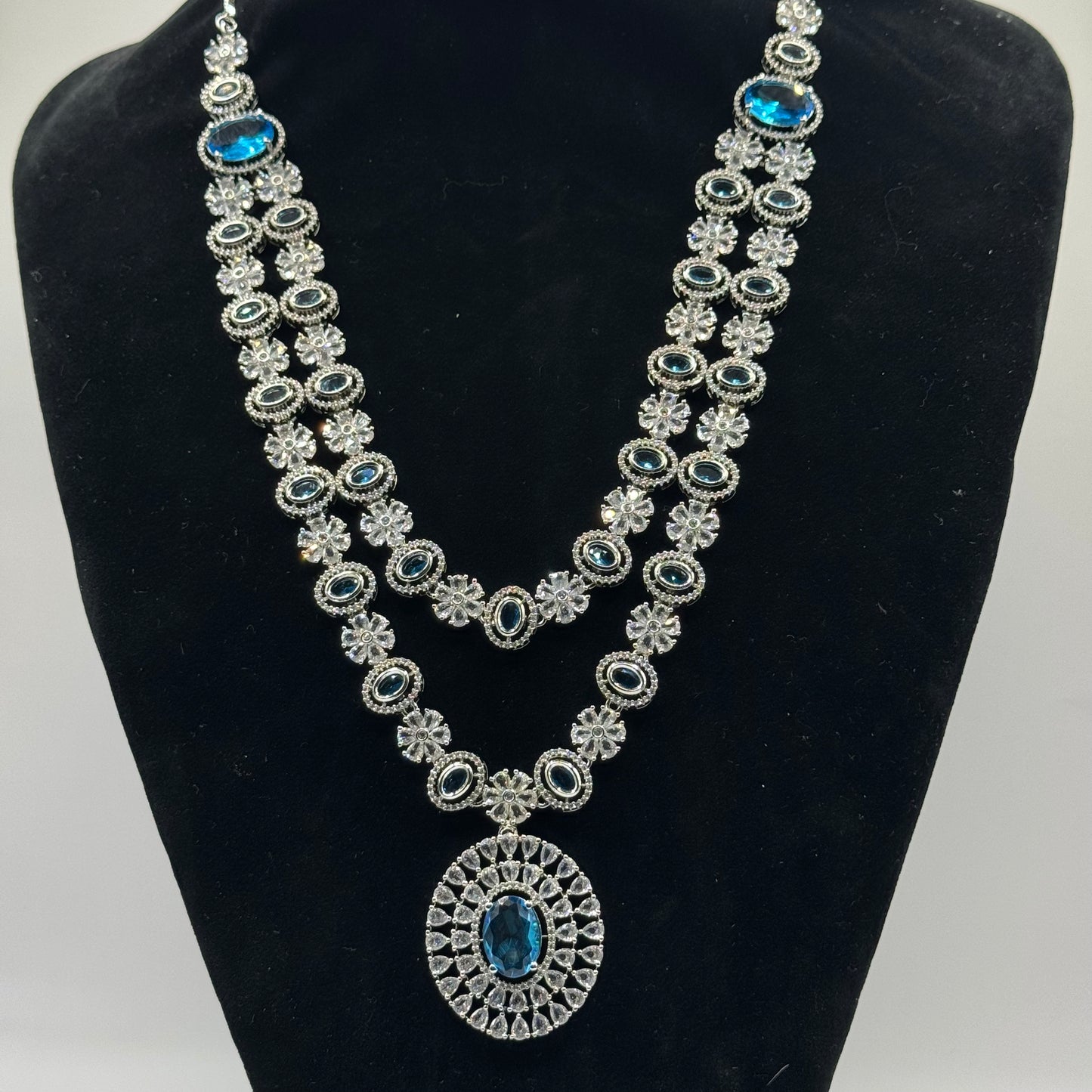 Aqua Double Layer Diamond Set with Diamond Studs - Radiant Sophistication in Indian Jewelry, USA