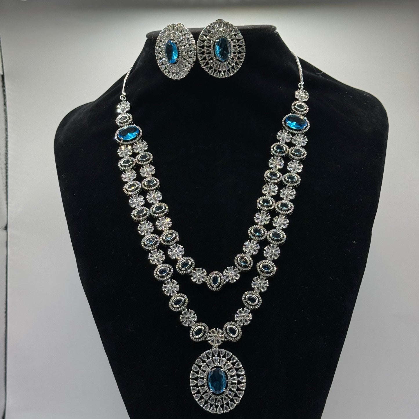 Aqua Double Layer Diamond Set with Diamond Studs - Radiant Sophistication in Indian Jewelry, USA