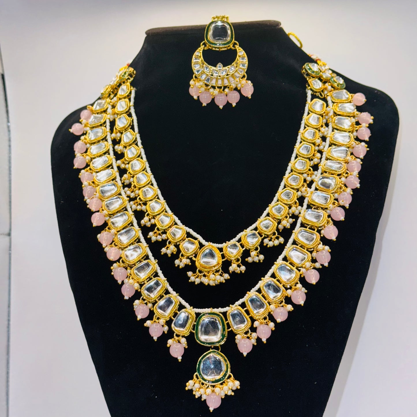 Pink Double Layer Kundan Gold Look Set - Subtle Elegance in Indian Jewelry, USA