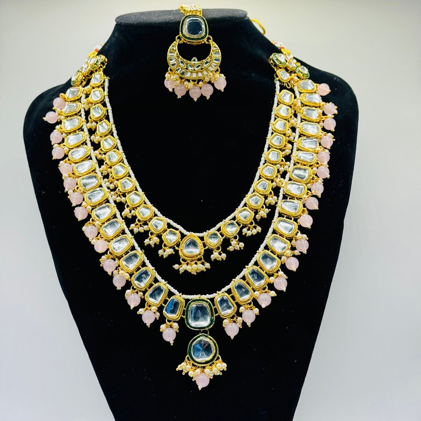 Pink Double Layer Kundan Gold Look Set - Subtle Elegance in Indian Jewelry, USA