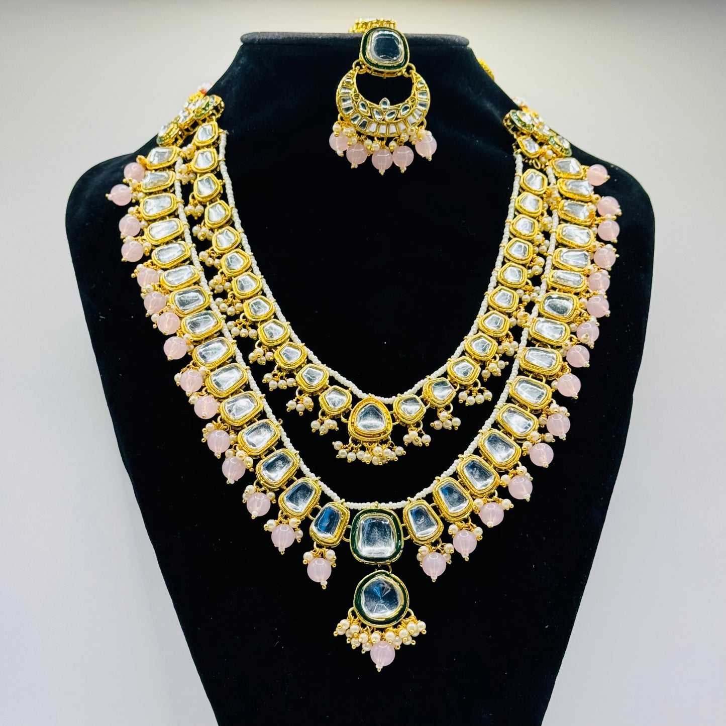 Pink Double Layer Kundan Gold Look Set - Subtle Elegance in Indian Jewelry, USA