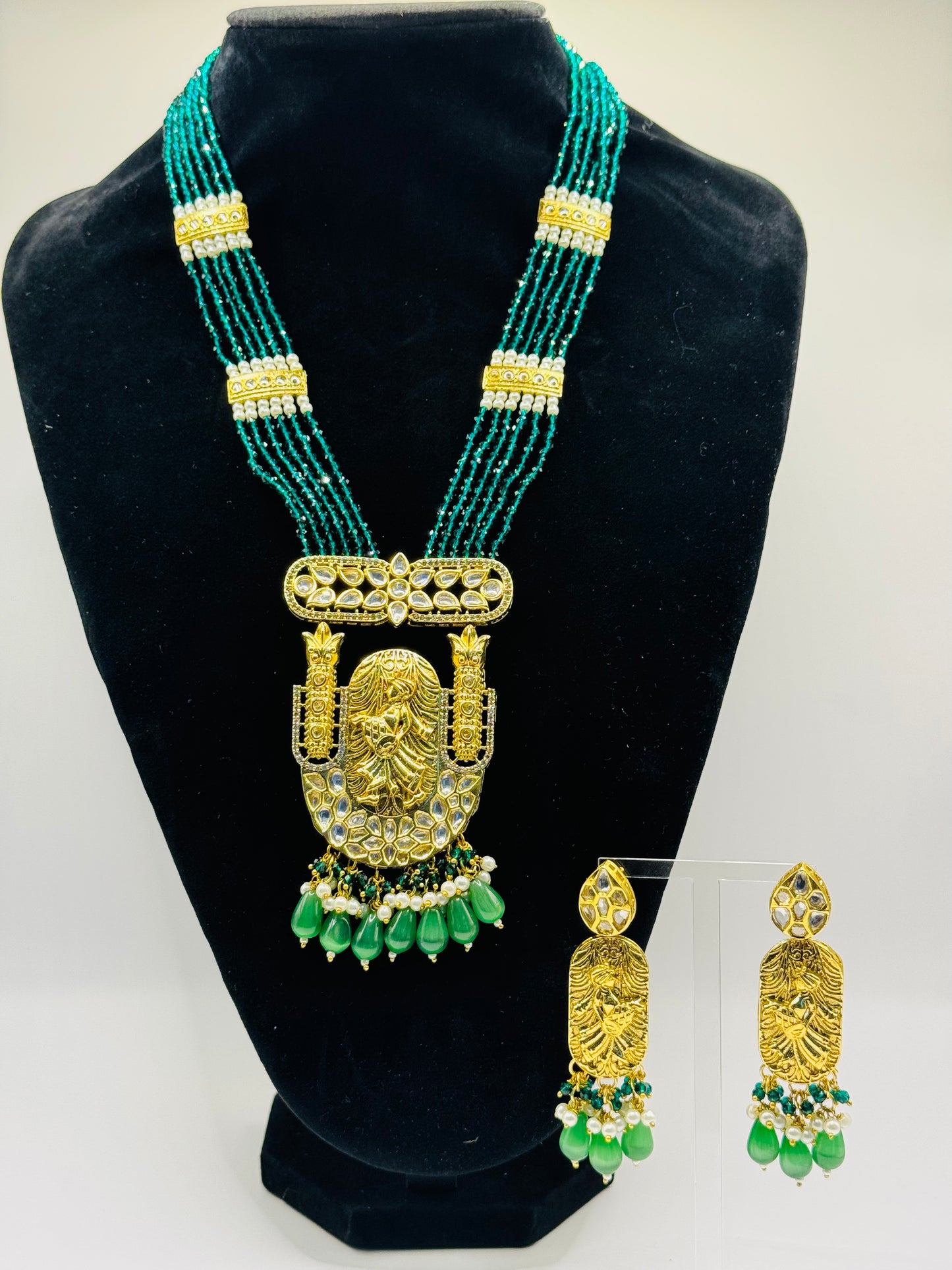 Royal Emerald Green and Gold Long Necklace - Majestic Indian Jewelry in USA