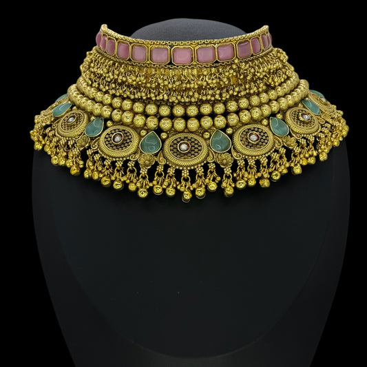 Exact Gold Look Heavy Choker pink/mint - Exquisite Indian Jewelry in USA