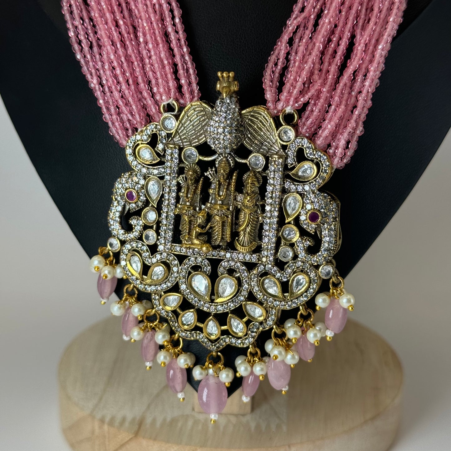 Raam Darbaar Long Pink Kundan Necklace with Victorian Diamond Look"