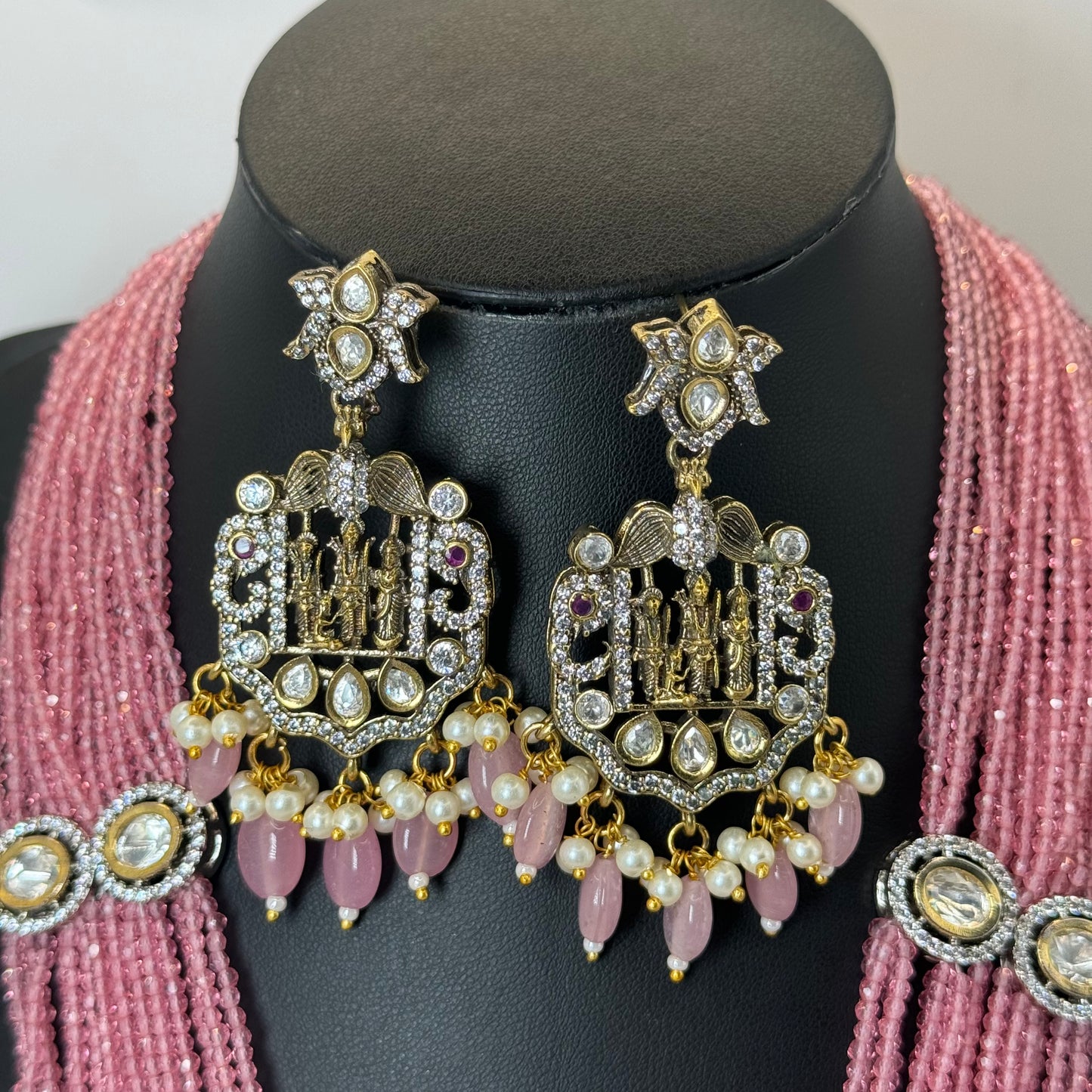 Raam Darbaar Long Pink Kundan Necklace with Victorian Diamond Look"