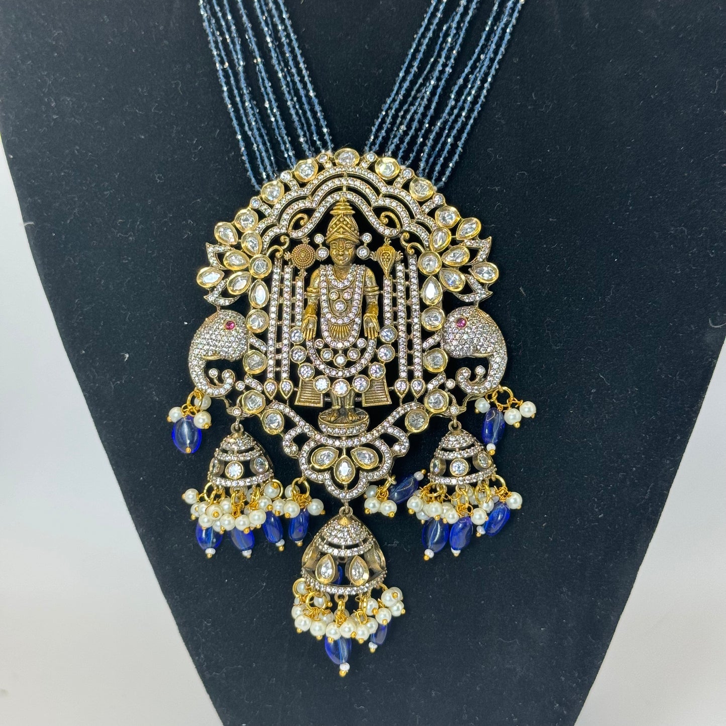 Tirupati Balaji Dark Blue Victorian Long Gold Plated Necklace"