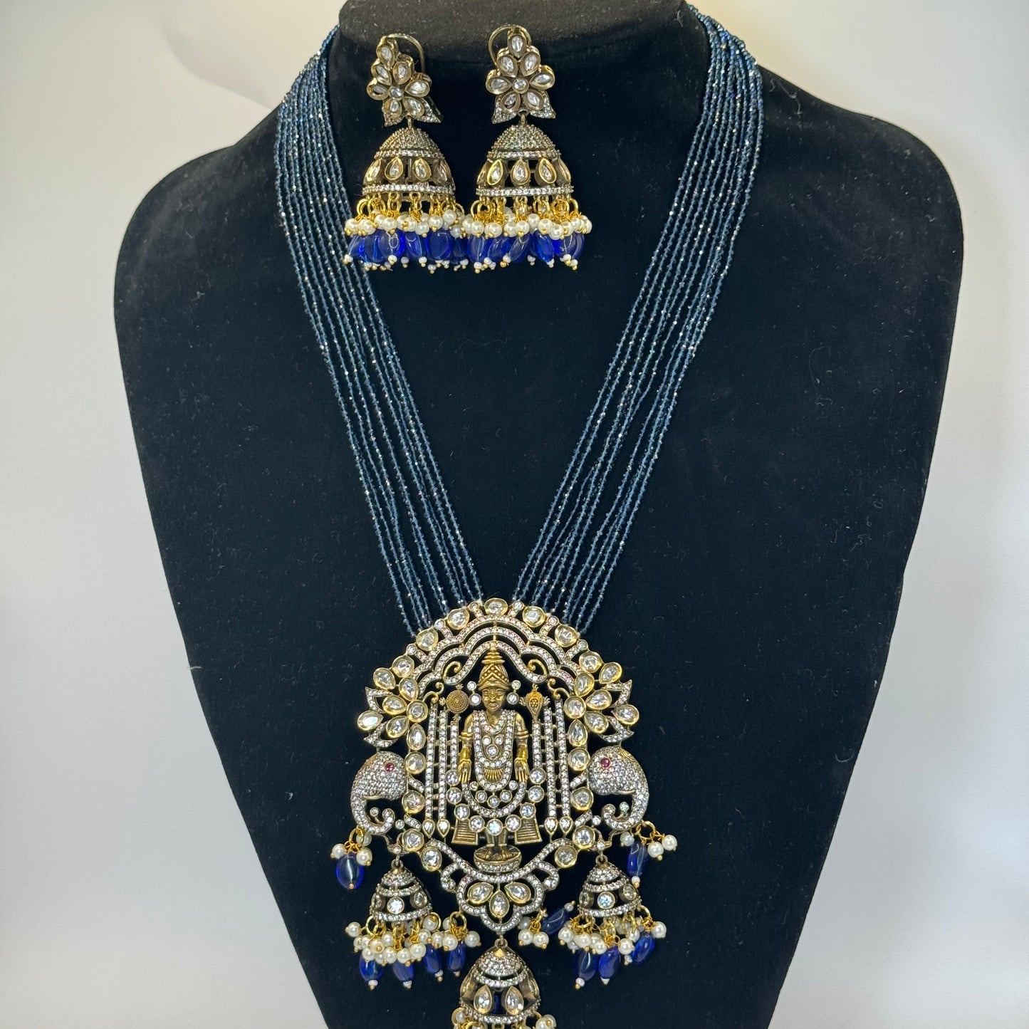 Tirupati Balaji Dark Blue Victorian Long Gold Plated Necklace"