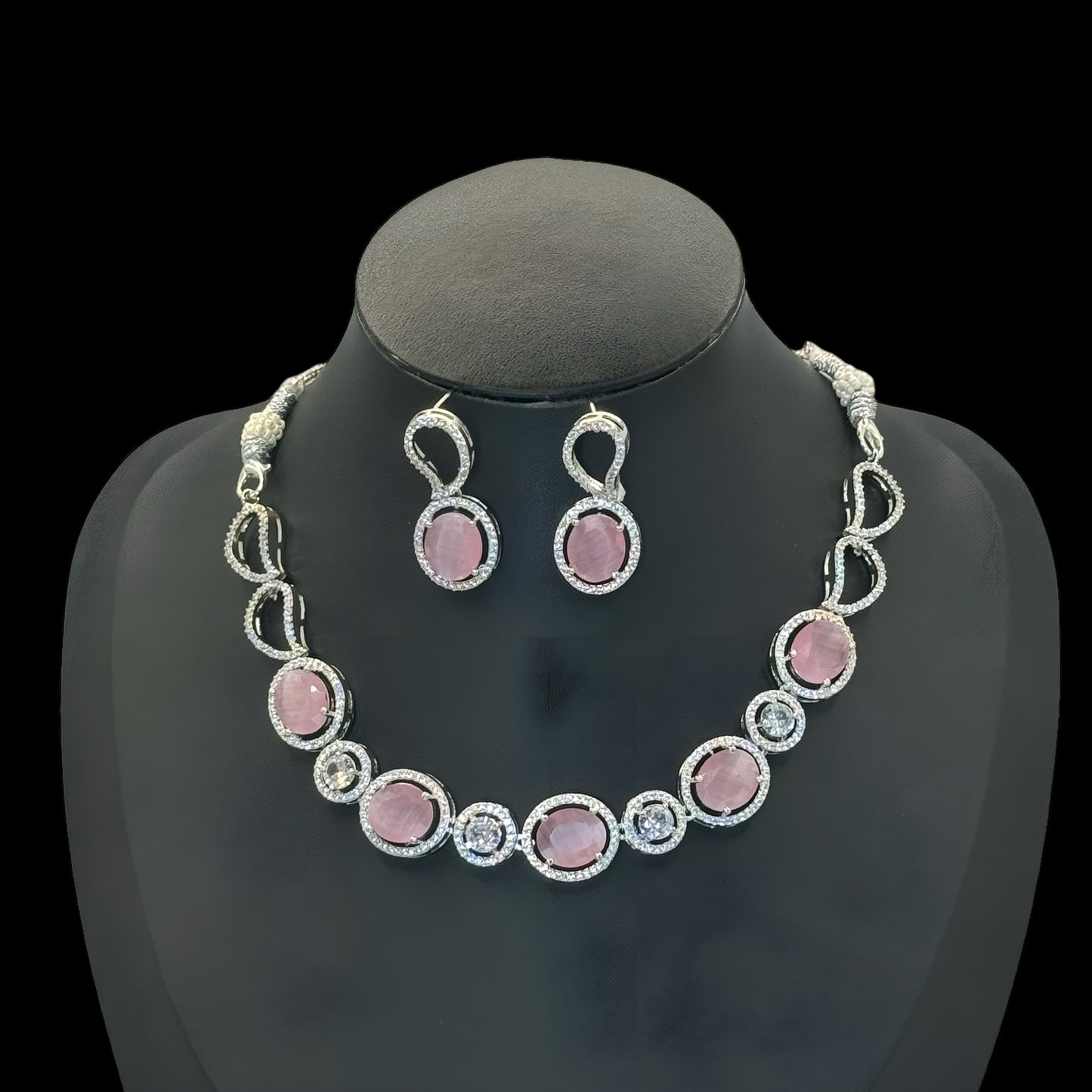 Pastel Pink Solitaire Look Set (Silver Plated)"