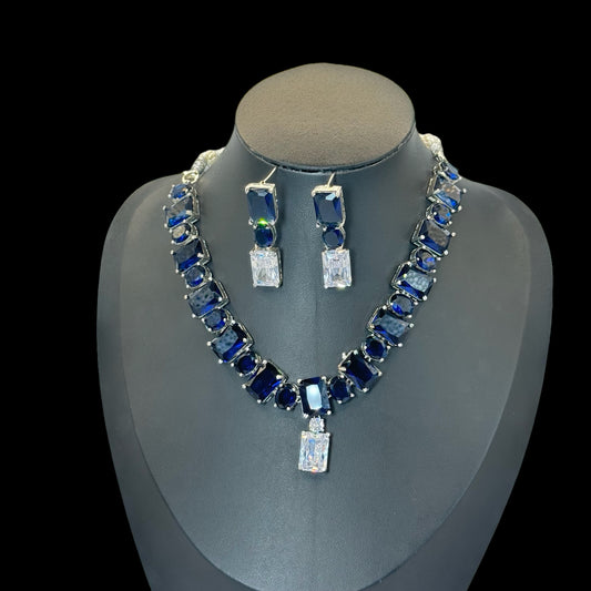 Royal Blue Sapphire Look and Diamond Set (Silver Plated)"