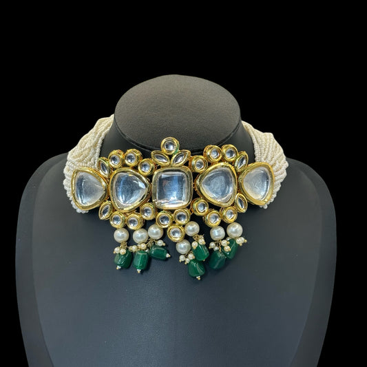 White Choker , Kundan and Green beads