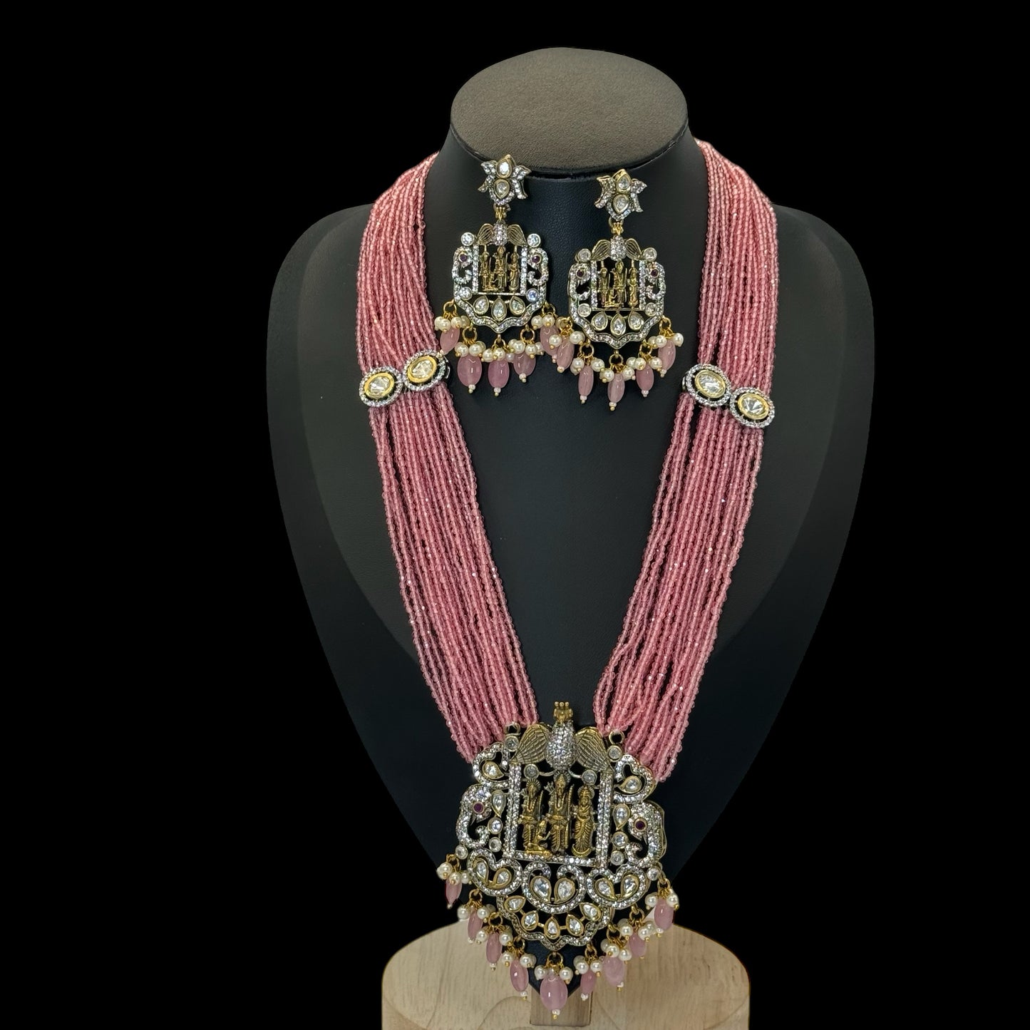 Raam Darbaar Long Pink Kundan Necklace with Victorian Diamond Look"