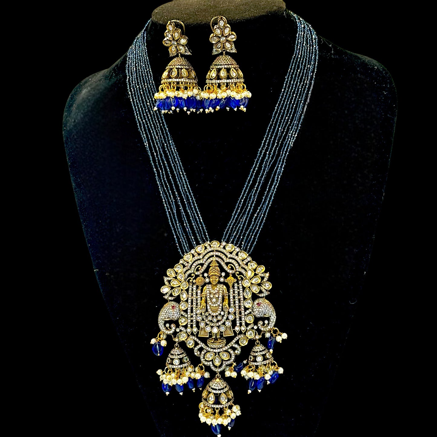 Tirupati Balaji Dark Blue Victorian Long Gold Plated Necklace"