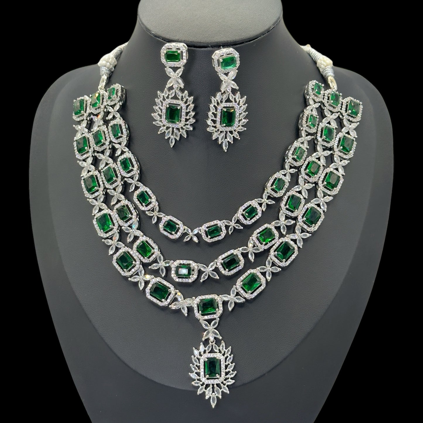 Emerald and Diamond Triple Layer Necklace (Silver Plated)"