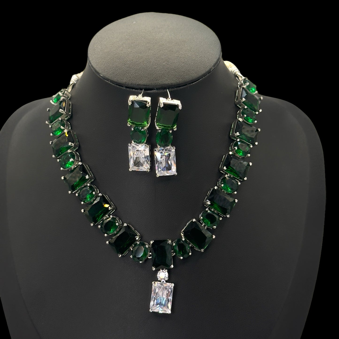 Royal Designer Green Emerald and Diamond Set (Silver Plated)"